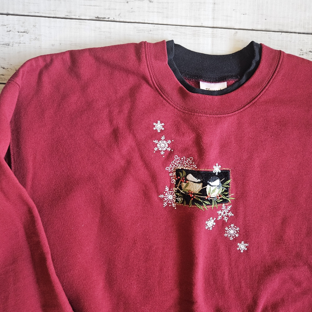 Vintage Holiday Red Bird Embroidered Double Collar Crewneck Size Large